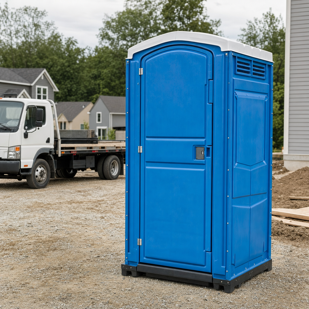 Delivery driver positioning a clean royal-blue portable toilet on level ground at a Cincinnati worksite