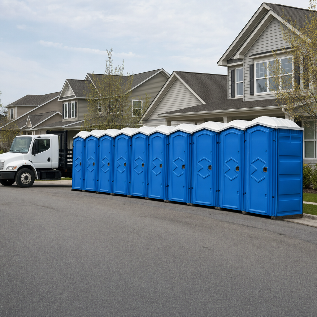 Royal blue portable toilets staged in a tidy row at a Cincinnati jobsite, ready for delivery