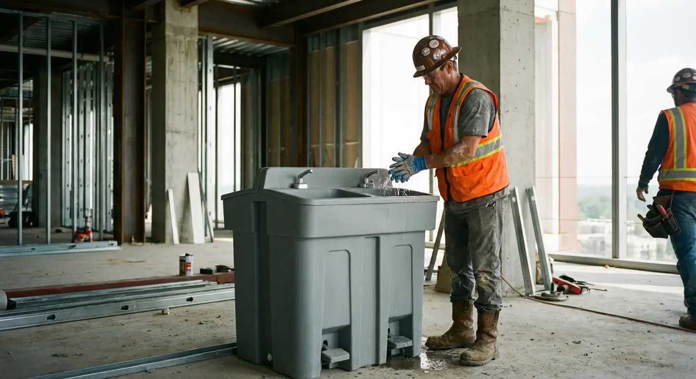 A dual-basin hand wash station positioned on a concrete floor of a high-rise construction site with the city skyline visible through open steel framing. in Cincinnati, OH