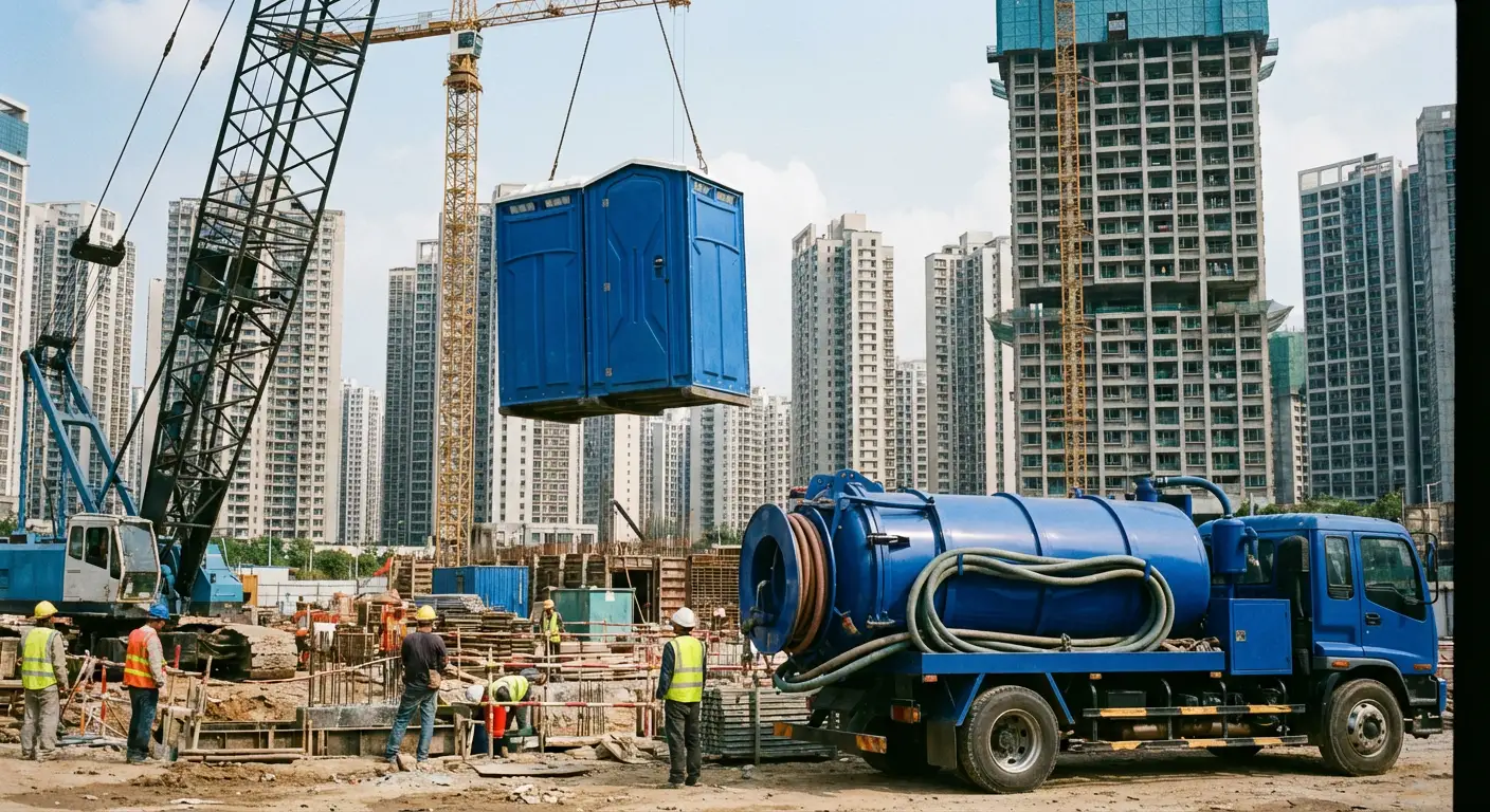 A High-Rise Crane Liftable Toilet unit suspended in mid-air by a crane against a city skyline during the day, showcasing the steel sling attachment. in Cincinnati, OH