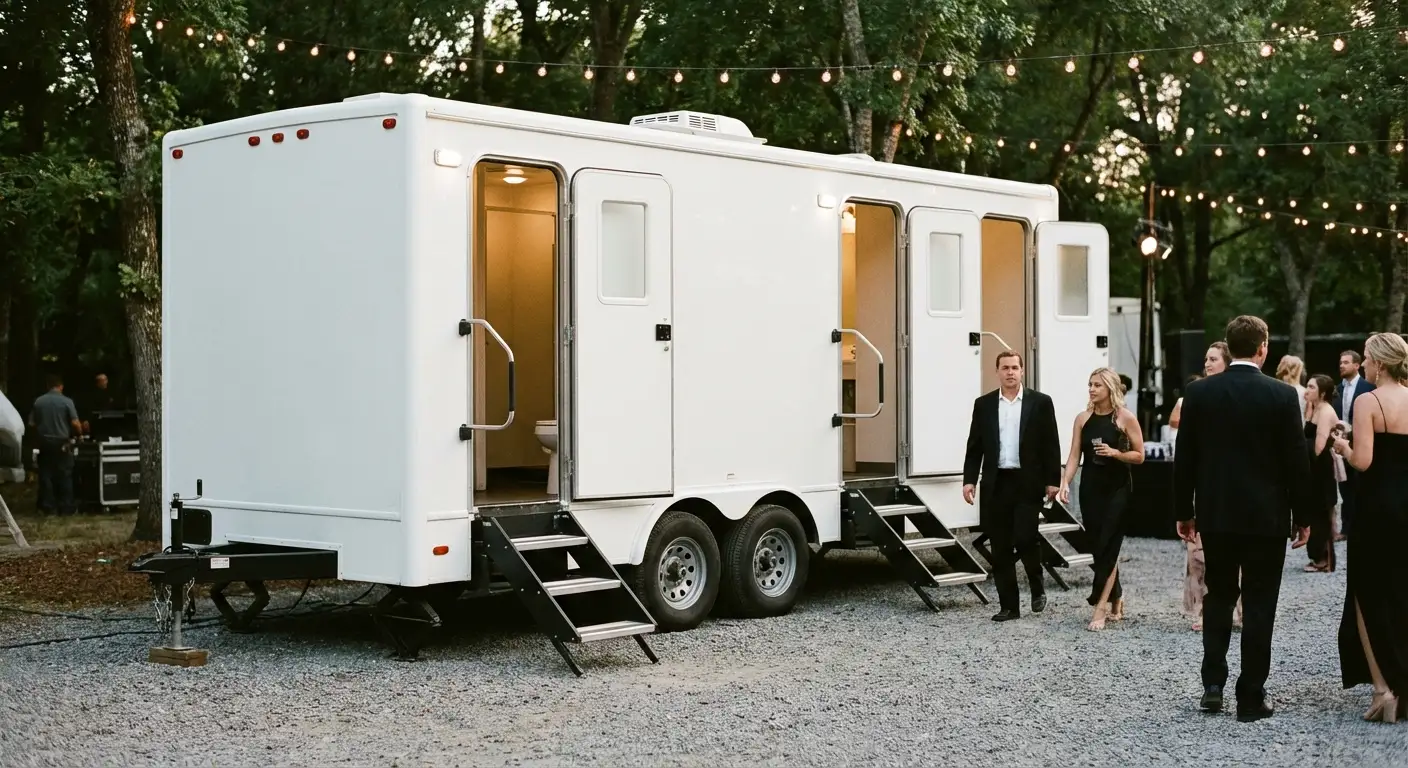 Exterior of a Luxury Restroom Trailer at an evening event, warm lighting spilling from the door, positioned discreetly near a manicured lawn. in Cincinnati, OH