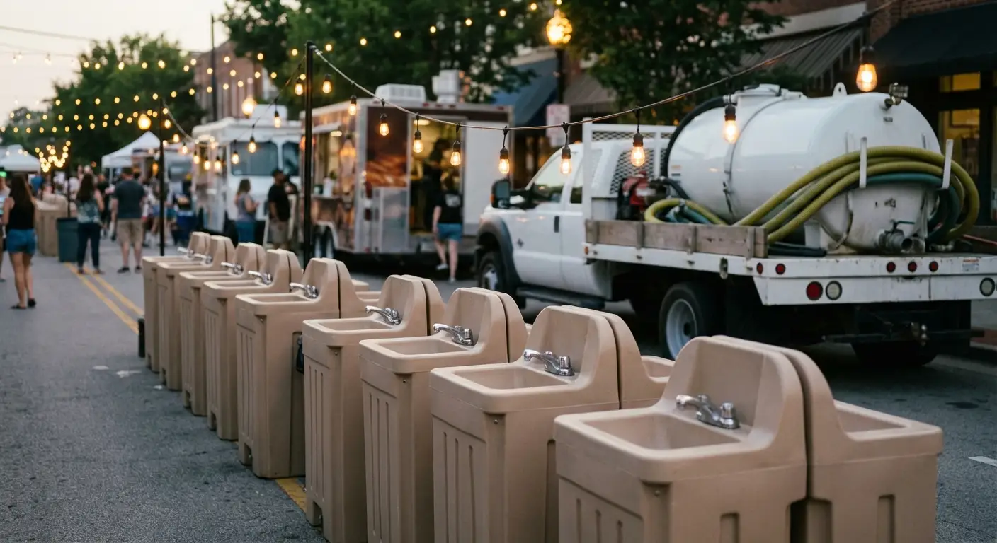 A row of clean, grey portable hand wash stations set up on pavement near food trucks, with blurred festival lights and crowd in the background. in Cincinnati, OH