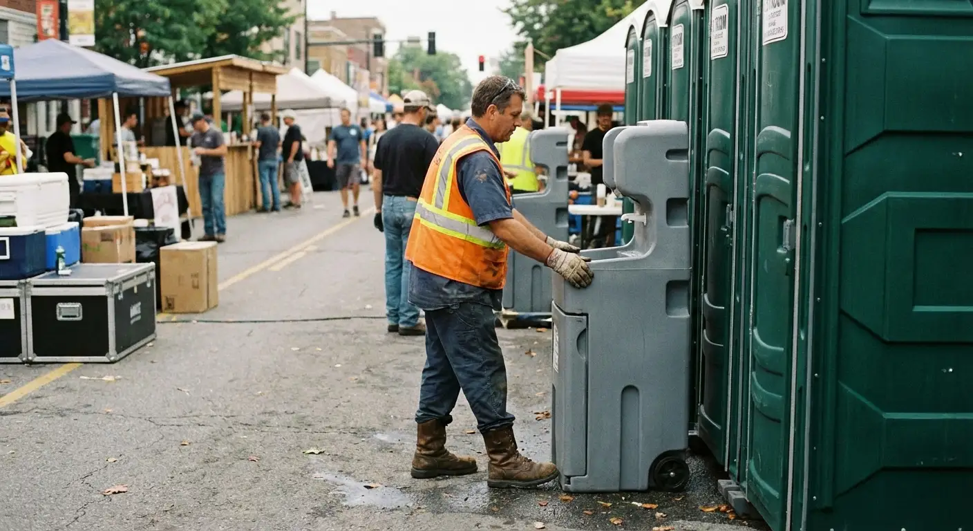 A row of pristine Special Event Portable Restrooms and hand wash stations lined up along a festival barrier with blurred crowds in the background. in Cincinnati, OH