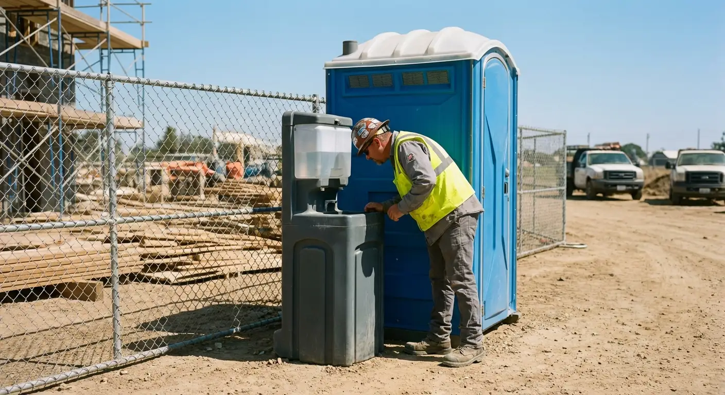 A close-up view of a portable hand wash station next to a portable toilet on a dirt construction site, focusing on the foot pump mechanism. in Cincinnati, OH